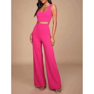 Lulus Only Tonight Hot Pink Two-Piece Wide-Leg Jumpsuit Sz Medium Womens Hot Pin
